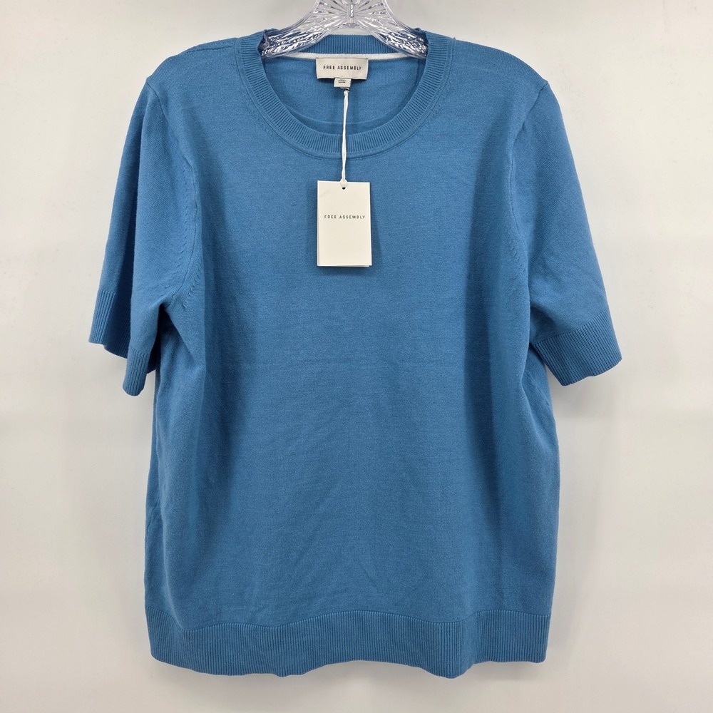 Free Assembly Sweater Tee XXL Blue Short Sleeve Knit Minimalist Classic New